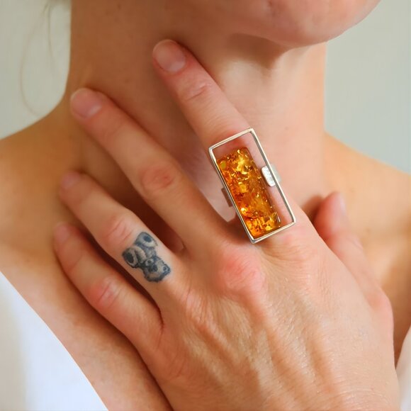 Natural Baltic Amber Modern Ring- 925 Sterling Silver- Handmade - Picture 7 of 7